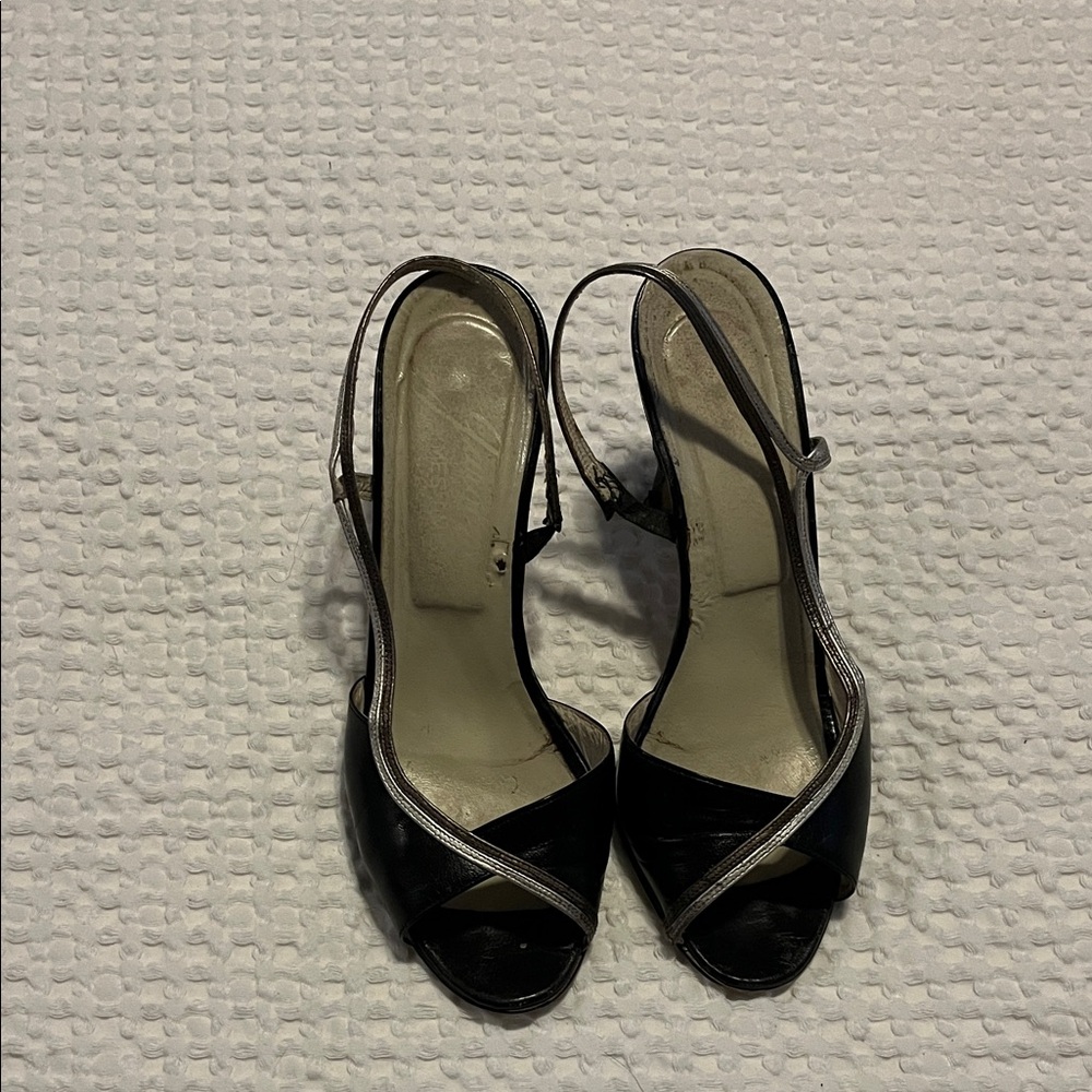 Black Slingback Peep-Toe Heels with Silver Trim
